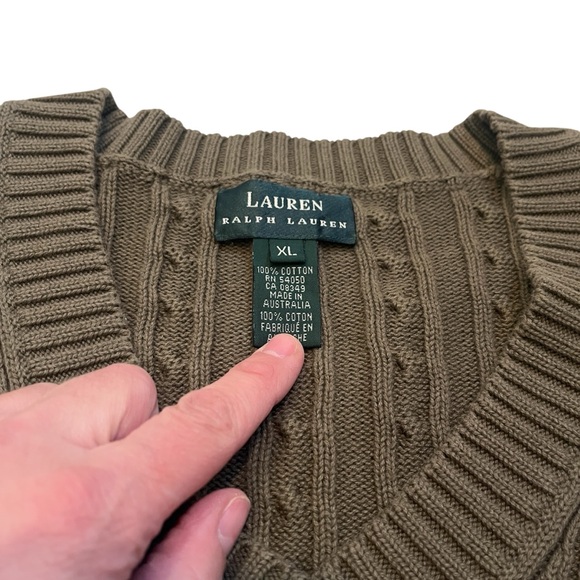 Lauren Ralph Lauren Women’s Olive Green Cable Knit V-Neck Cotton Sweater XL - Picture 4 of 8